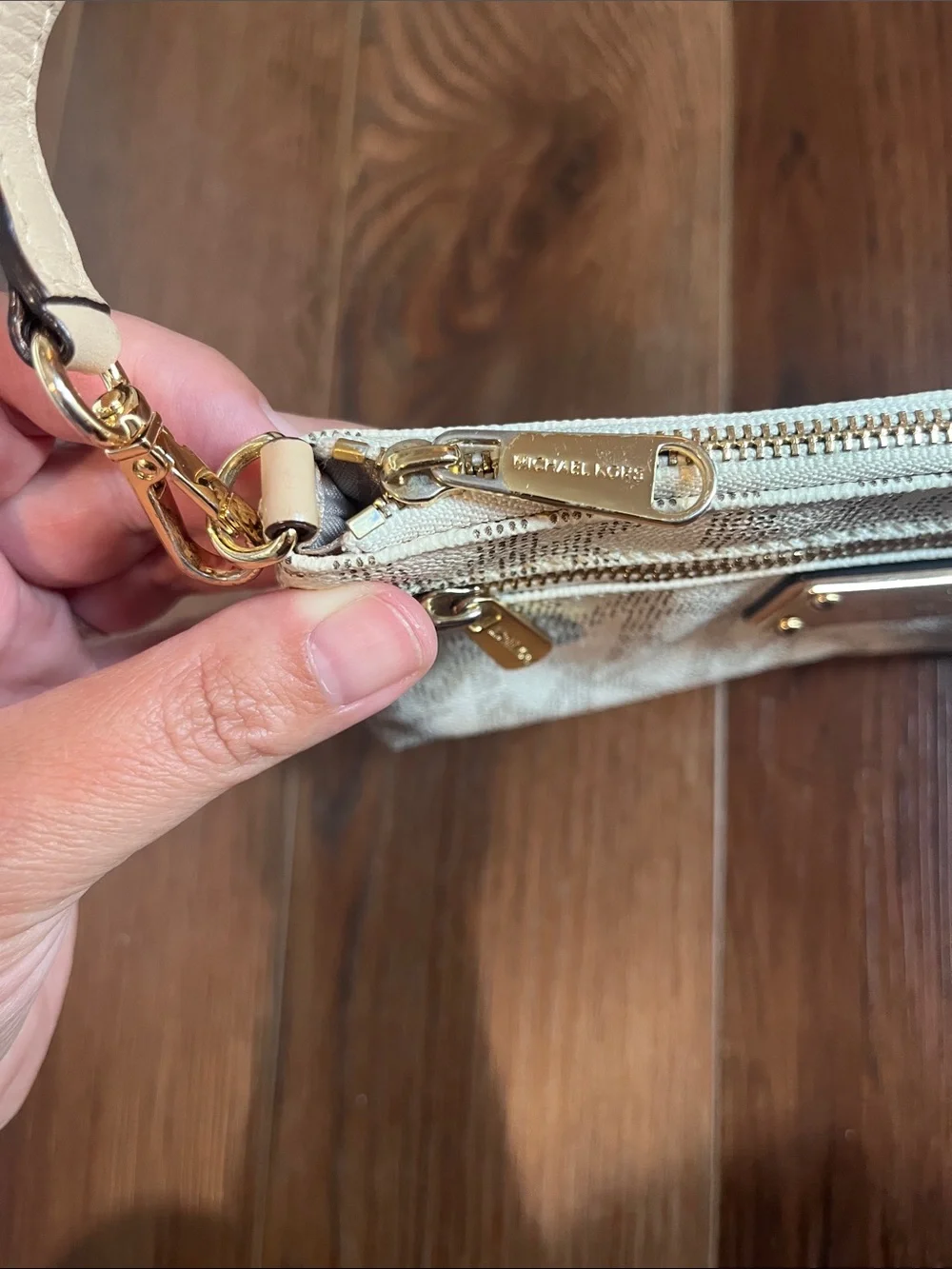 Michael Kors Jet Set Large Logo Wristlet in Vanilla with Gold Hardware